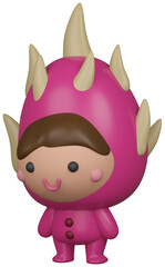 3D illustration render pink character dragon fruit girl on transparent background