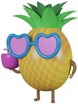 3D illustration render character yellow fruit pineapple in sunglasses with cocktail on transparent background