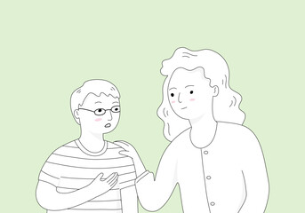 Kid and mother sitting and talking, talk theraphy concept.	Hand drawn illustration.