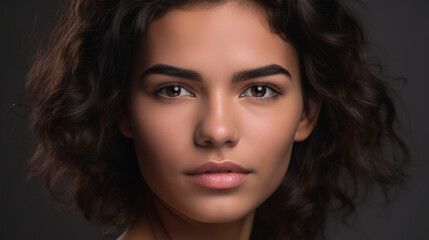 Fototapeta premium Natural Latino woman portrait. Beautiful model in studio background. Generative AI