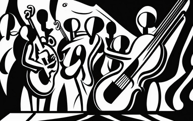 silhouettes of musicians playing music instruments, black and white line illustration, generative ai