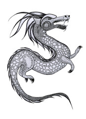 Dragon hand drawn sketch illustration. Black and white image of a fantastic reptile. Tattoo and coloring. Print for clothing in oriental style.