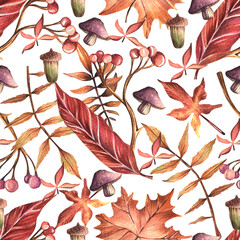 Seamless watercolor pattern. Hand-drawn red autumn leaves, twigs with berries and forest mushrooms on a white background. Autumn, forest, design for wrapping paper.