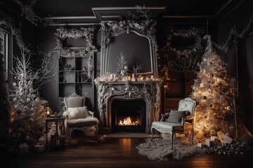 luxury interior xmas,glowing tree, fireplace, generative AI