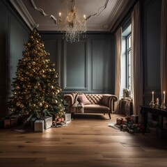 luxury interior xmas decoration,glowing tree, generative AI