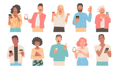 People use mobile phones. Characters are holding smartphones in their hands gesticulating. Men, women look at the phone screen, surf the Internet