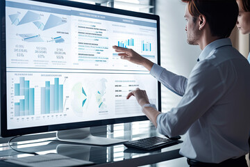 Business person analyzing accounting data on a laptop screen, concept of data visualization, graphs, charts, infographics, dashboard, financial data, collaboration, discussion