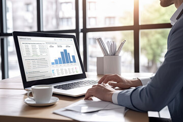 Fototapeta premium Business person analyzing accounting data on a laptop screen, concept of data visualization, graphs, charts, infographics, dashboard, financial data, collaboration, discussion
