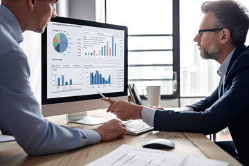 Business person analyzing accounting data on a laptop screen, concept of data visualization, graphs, charts, infographics, dashboard, financial data, collaboration, discussion