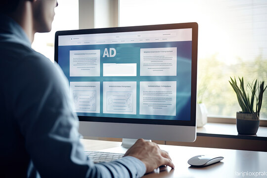 Business person analyzing programmatic ad data on a laptop screen, real-time ad bidding, online advertisement exchange, concept of targeting, automation, algorithm, inventory, demand-side, supply-side