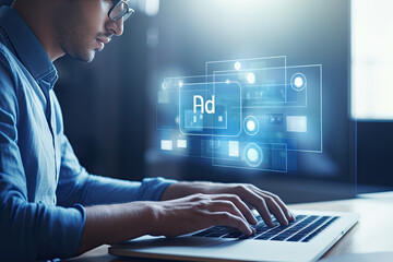 Business person analyzing programmatic ad data on a laptop screen, real-time ad bidding, online advertisement exchange, concept of targeting, automation, algorithm, inventory, demand-side, supply-side