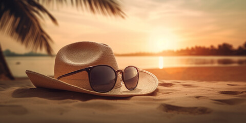 Fototapeta na wymiar Sonnenhut und Sonnenbrille am Strand, generative AI
