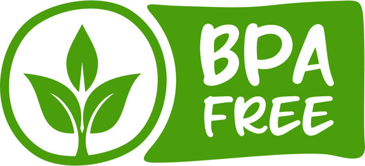 BPA free round symbol, green leaves, BPA free label