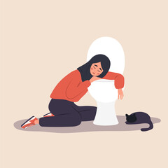 Eating disorder. Unhealthy arabian woman sitting on floor leaning on toilet and feeling nausea from food. Bulimia or anorexia concept. Girl with mental problems. Vector illustration in cartoon style. - obrazy, fototapety, plakaty