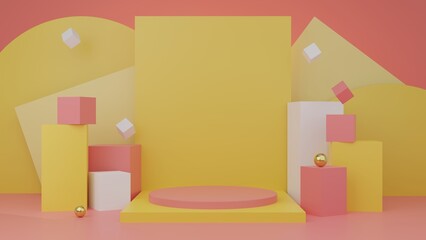 Podium with cube and sphere on pink and yellow background, Space for kids or baby product, Abstract background, 3D rendering