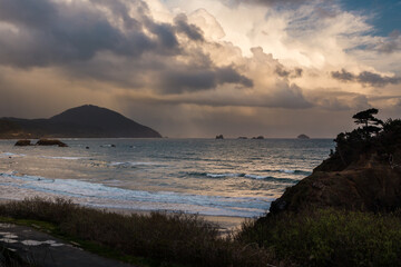 Dramatic sky over Pacific Oregon coast in twilight