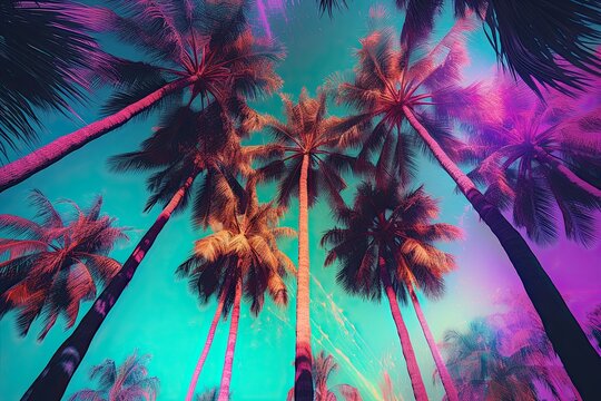 Neon Poetry Reflected in a Beachy Abstract Landscape: A Contemporary Mood with Palm Trees, Stars and a Space Portal. Generative AI