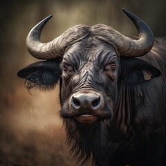 Strong African Buffalo Lumbering Across the Serengeti Plains: A Portrait of Wild Nature in Kenya. Generative AI