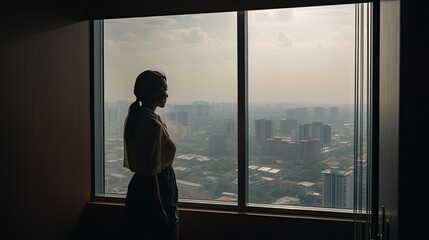 Fototapeta na wymiar Successful Entrepreneur Sees Opportunity from Indoors: A Contemplative Businesswoman Watching the City from Her Desk: Generative AI