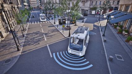 Autonomous electric bus self driving on street, Smart vehicle technology concept, 3d render