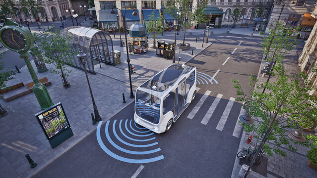 Autonomous electric bus self driving on street, Smart vehicle technology concept, 3d render