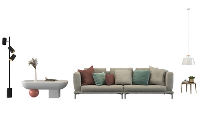 Interior furniture set 3D render. Living room house floor template background mockup design ,...