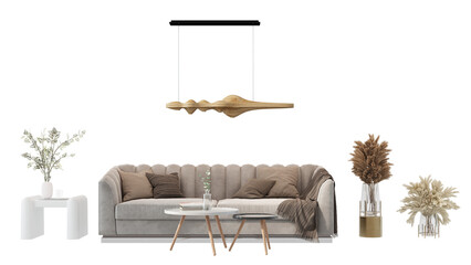 Interior furniture set 3D render. Living room house floor template background mockup design , isolated on transparent background