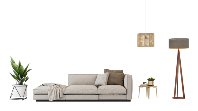 Interior furniture set 3D render. Living room house floor template background mockup design , isolated on transparent background