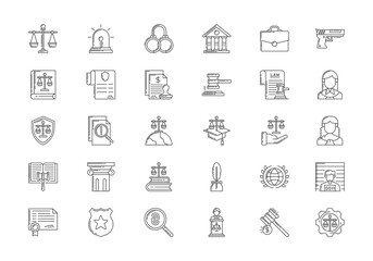Law and Justice icons set. Line Style Vector Illustration