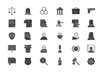 Law and Justice icons set. Solid Style Vector Illustration