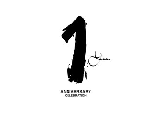 1 Years Anniversary Celebration Vector Template, 1 number  logo design, 1st birthday, Black Lettering Numbers brush drawing hand drawn sketch, black number, Anniversary vector illustration