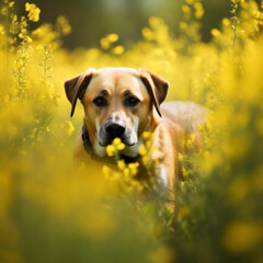 Delightful Springtime Pet Dog Adventure in Blooming Wildflowers, Photo Art Created with Generative AI and Other Techniques