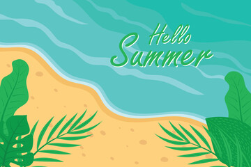 Fototapeta na wymiar Summer background vector design with beautiful tropical leaves and beach
