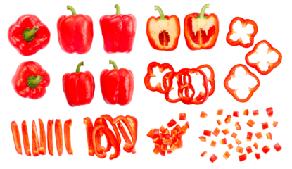 Set of ripe red bell peppers isolated on white background, top view