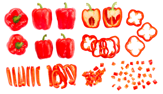 Set of ripe red bell peppers isolated on white background, top view