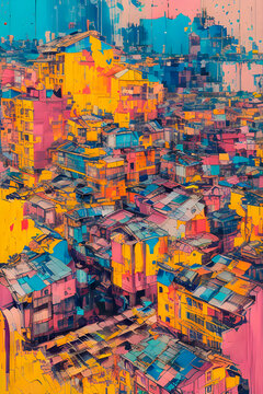 artificial intelligence generated painterly funk art image of the multicolored gigantic scale buildings pile and stack up biomorphic structure.