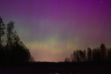 northern lights and its reflection the lake, northern lights shimmer over the lake, northern lights in spring, Lielais Ansis, Rubene, Latvia