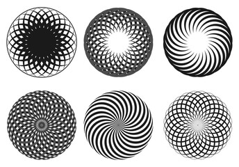 Set of black and white spiral, swirl, twirl elements. Vector illustration