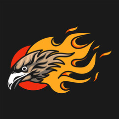 Eagle head with fire flames isolated on black background. Vector illustration.