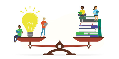 Balance between reading and ideas. Stacks of books and light bulbs for inspiration and education. Graduated from university. Various students reading books or textbooks. Education process.