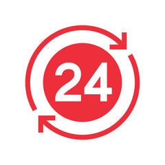 Twenty four hour with arrow loop icon, 24 hours cyclic sign, Opened order execution or delivery, All day business and service, Vector design illustration