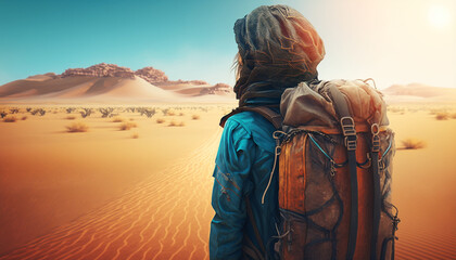 Young woman traveller with backpack enjoy the desert landscape. Concept of active leisure. Generative AI	