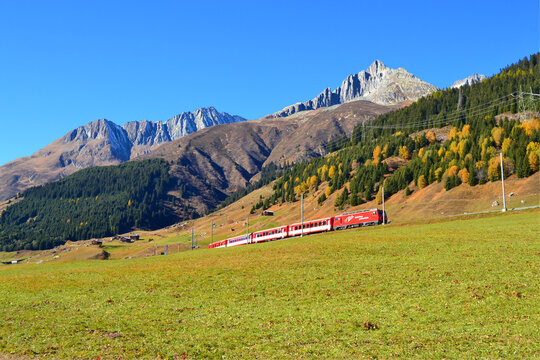The MGB (Matterhorn - Gotthard - Bahn) train in the Andermatt Sedrun Disentis region