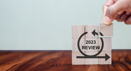 Annual review in 2023, business, customer review. Review evaluation time for inspection assessment auditing. Review for learning, improvement, planning and development. End of year business concept - obrazy, fototapety, plakaty