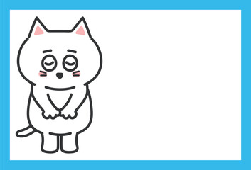 White cartoon cat apologizes for something or someone, vector illustration with copy space.