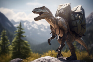 Fototapeta premium Allosaurus standing with backpack in mountains. Generative AI