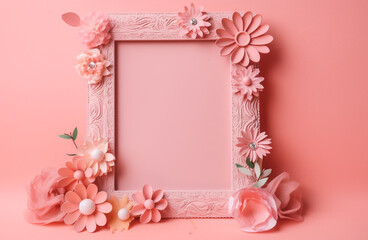Pink empty frame with decoration and flowers. Generative ai