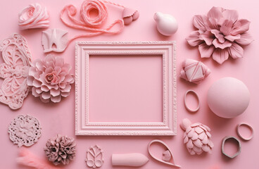 Pink empty frame with decoration and flowers. Generative ai