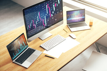 Modern computer monitor with abstract creative financial chart, research and strategy concept. 3D Rendering