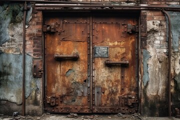 Old rusty metal door front view from distance created by generative AI